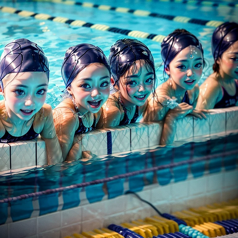 SFW,  ExtremelyDetailed (((Relay Swimming Team Kids in a row:1.4))), Childish perfect face, Reflective Eyes, Detailed(Delicate Clothing textures), Corrected Leg to Foot Line, Dynamic Joyful Expressions LifeLike Rendering, ((Specular Reflection:1.28)), TopQuality 8K Ultra-detailed masterpiece (ProfessionalPhoto:1.37)(Acutance:0.8),(Luminism),