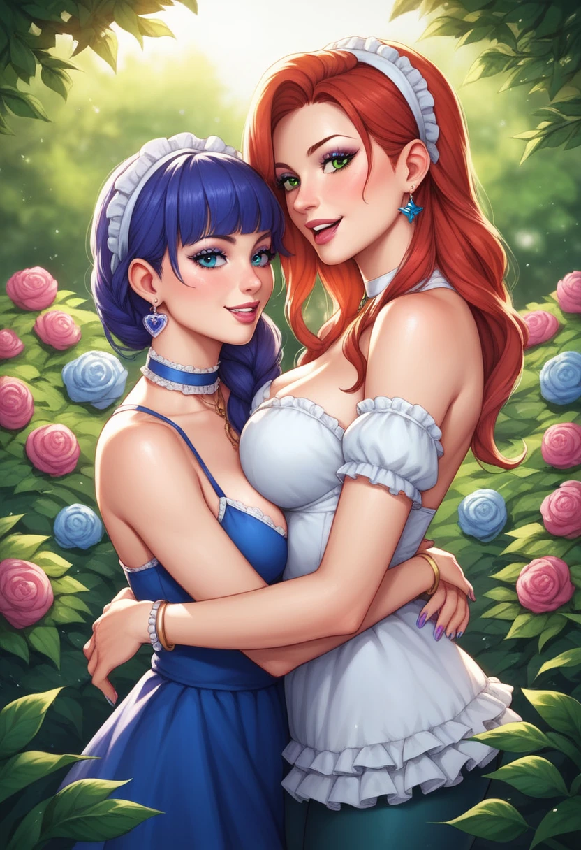 Two adult women fun garden flowers lingere flirty private propetery winter