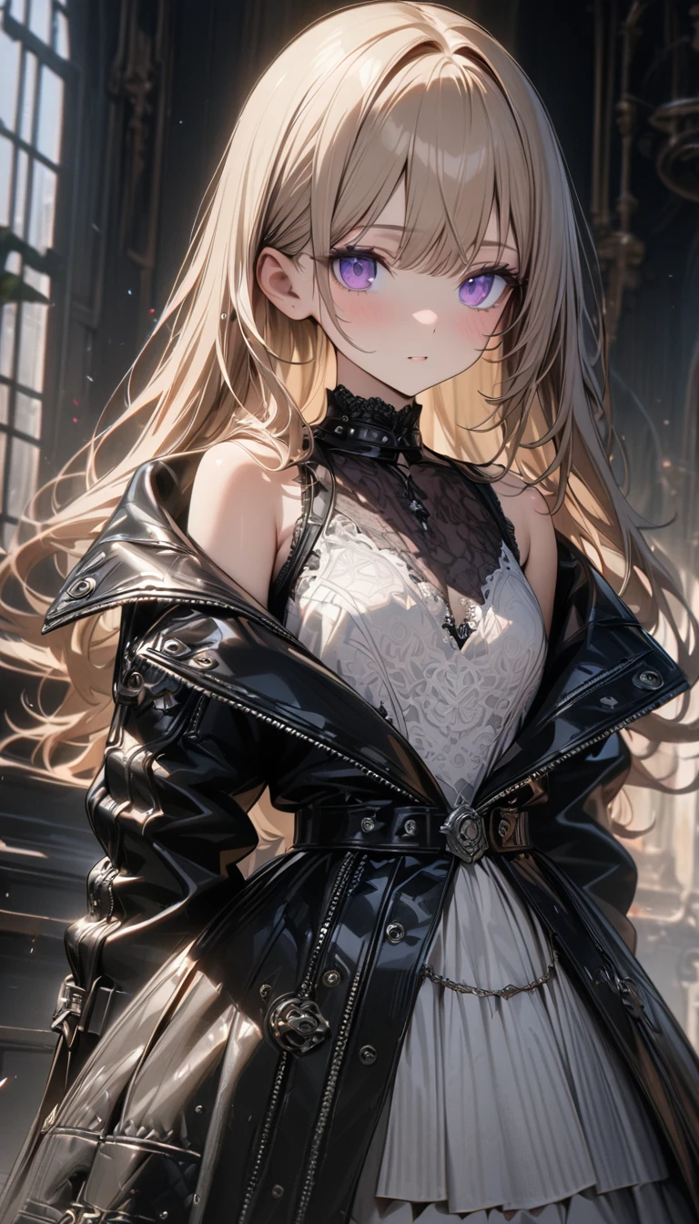young girl, long light brown hair, purple eyes, white lace dress, sleeveless, open shoulders, lush skirt, leather black coat, black hat, doll girl, doll skin, hinges on body, Masterpiece, best quality, Full HD, 8k, ultra details, great graphic