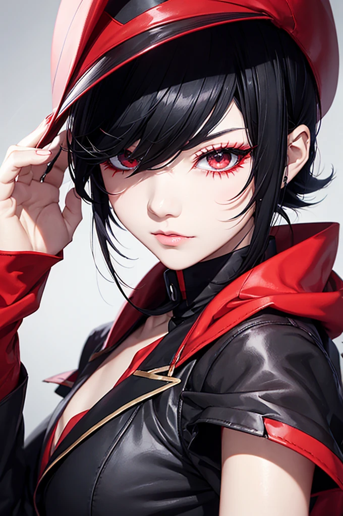 Short black hair、One-eyed、Long bangs、Red Mesh、Dark Eyes、phantom thief joker、Crossdresser、Long eyelashes、cute、cool、No exposure、neutral、Black Coat