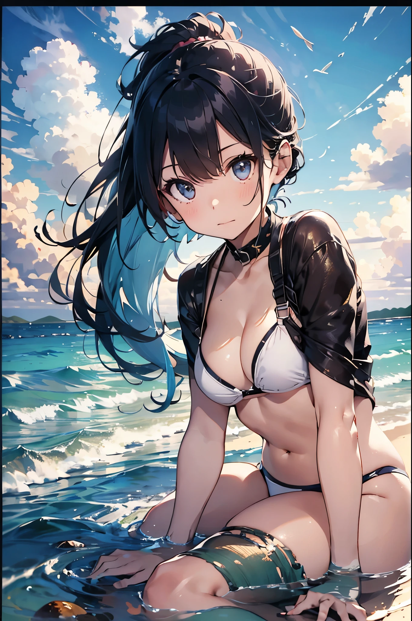 High resolution,topless、
One beautiful young woman,Light blue hair、ponytail、
(Soft Saturation:1.3), (Fair skin:1.2),
(ultra-Detailed Background, Detailed Background), Bokeh,
break'Portrait of a smiling girl.,
When viewed from the front, The composition is symmetrical,
Looking straight at you with serious eyes,
break Swimwear, White Bikini, Center of chest,
Outdoor, Sea surface, null, sunlight,Summer beach, Sandy Beach,
Strong light, Front lighting,
(:1.3), (Cowboy Shot:1.2),
Front brake angle,
View your viewers,
Dynamic pose,
sitting on the beach
Seaweed、Seaweed、Seaweed、Seaweed、Seaweed、Seaweed、Seaweed、