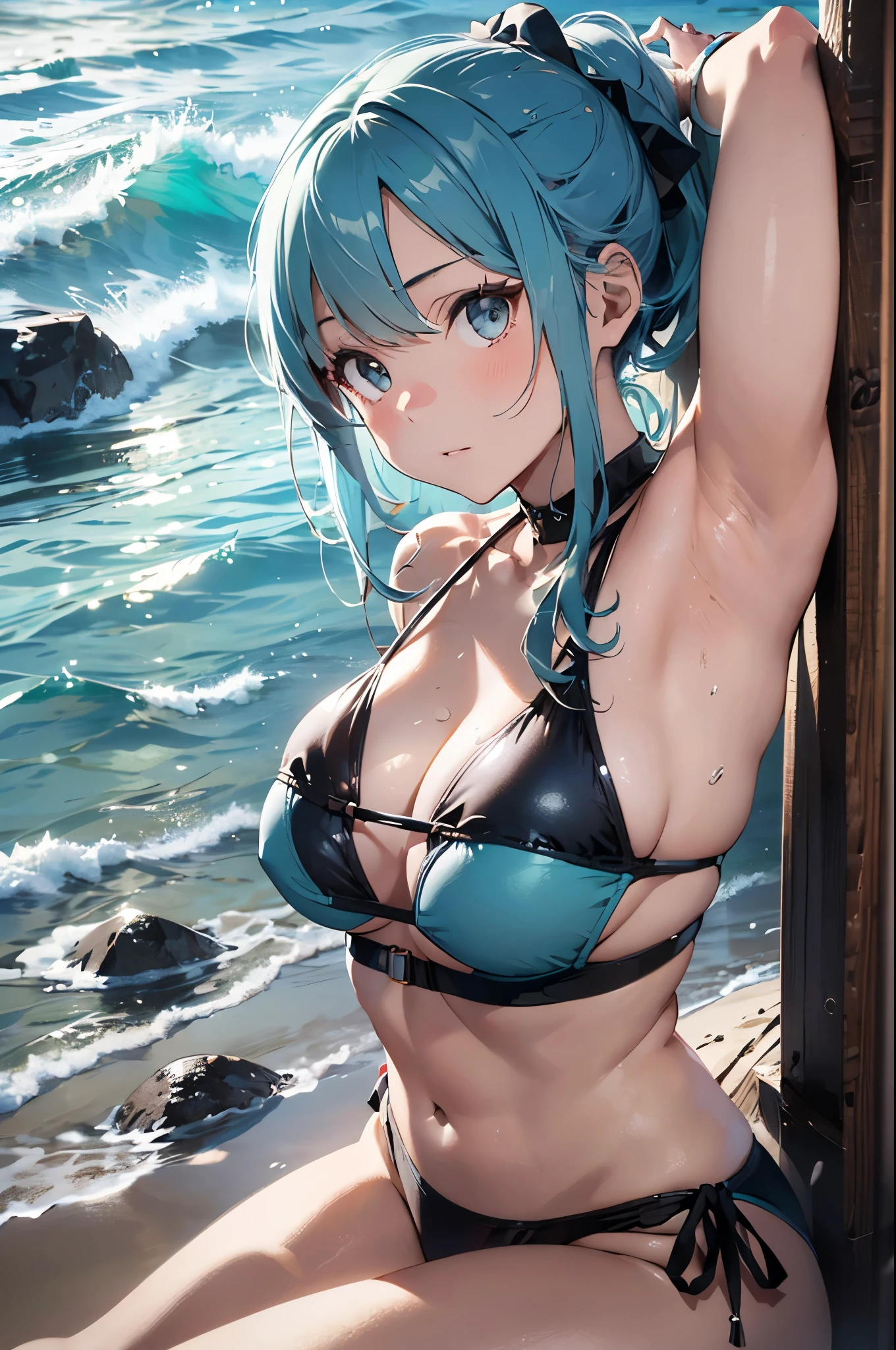 High resolution,topless、
One beautiful young woman,Light blue hair、ponytail、
(Soft Saturation:1.3), (Fair skin:1.2),
(ultra-Detailed Background, Detailed Background), Bokeh,
break&#39;Portrait of a smiling girl.,
When viewed from the front, The composition is symmetrical,
Looking straight at you with serious eyes,
break Swimwear, White Bikini, Center of chest, 
Outdoor, Sea surface, null, sunlight,Summer beach, Sandy Beach,
Strong light, Front lighting, 
(Teen:1.3), (Cowboy Shot:1.2),
Front brake angle,
View your viewers,
Dynamic pose,
sitting on the beach

Seaweed、Seaweed、Seaweed、Seaweed、Seaweed、Seaweed、Seaweed、