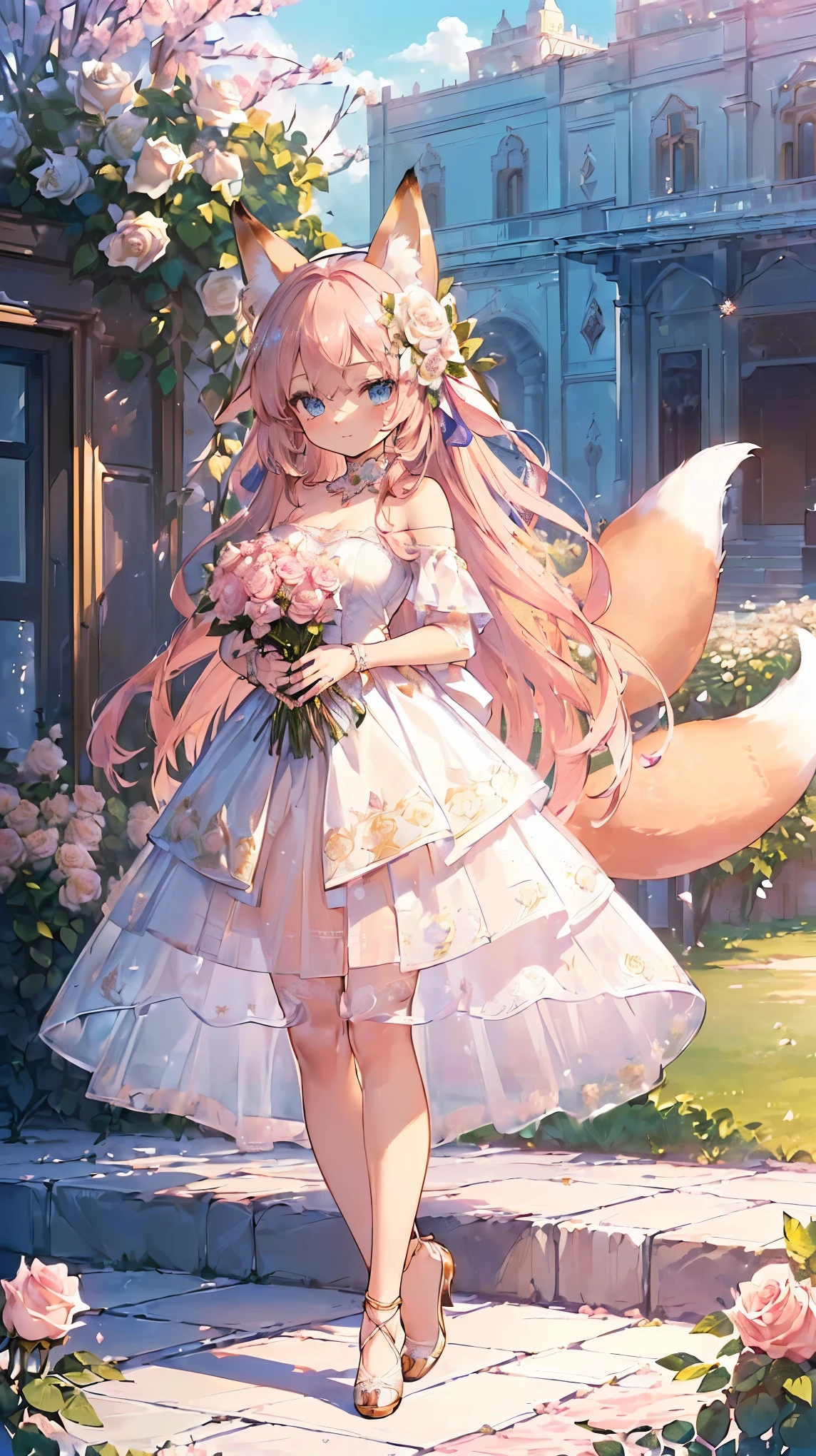 (((masterpiece))), (((Highest quality))), ((Very detailed)), ((Ultra-fine illustrations)), ((Ultra-fine painting)), (16K Highest qualityの壁紙:1.4), (Little:2.0), (whole body:1.6), (Very detailed and delicate illustration style:1.8), Detailed skin texture, Detailed cloth texture, Detailed rose flower texture, Very detailed説明, (Very detailed face:1.4), (Very detailed beautiful Fox ears:1.2), (Very detailed beautiful golden-brown long-hair:1.2), (Very detailed, Beautiful clear blue eyes:1.2), original, RAW Photos, Professional, Intricate details, Super Details, Direct sunlight:1.6, (Perfect Anatomy:1.4), (Very detailed hands:1.2), (Very detailed fingers:1.2), (Very detailed fingertips:1.2), (Age 27), Genuine, (alone:1.6), ((very beautiful and attractive (Fox) Female fashion model:1.4)) brake (Beautiful and adorable Fox ears:1.6), (Very detailed and delicate Fox ears:1.4), (Beautiful and well-shaped big breasts:1.2), (Beautiful and shapely butt), (Beautiful shiny golden brown long hair:1.6), (Very detailed and delicate golden-brown long-hair:1.4), (Clear blue eyes that shine beautifully in every detail:1.6), (Very detailed and delicate blue eyes:1.2), (Very detailed face:1.4), (smile:1.4), (View your viewers:1.4), (Are standing:1.4), (celebration:1.4) brake ((celebrationの席で着用するのにぴったりな、A gorgeous off-the-shoulder princess dress with attention to detail.。:1.4)) brake ((Holding a large, intricate and delicate bouquet in both hands ((White and pink roses)):1.4)) brake (After noon:1.4), (celebration:1.4), (((Very detailed and delicate white rose flower and pink rose flower garden background:1.4)), (Very detailed and delicate royal palace courtyard background in just after noon in spring:1.4)) brake