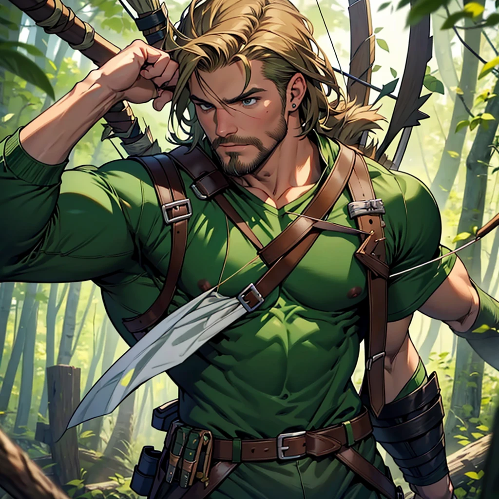 8k, high quality , detailed face , detailed fingers ,detailed muscles  stephen amell as green arrow , wearing dark green outfit   , showing a dark blond short hair , a thick facial hair , hard nipples, a bulge ,hunk and handsome, aiming with his bow and arrow toward the ennemy , with the quiver on his back full of arrows