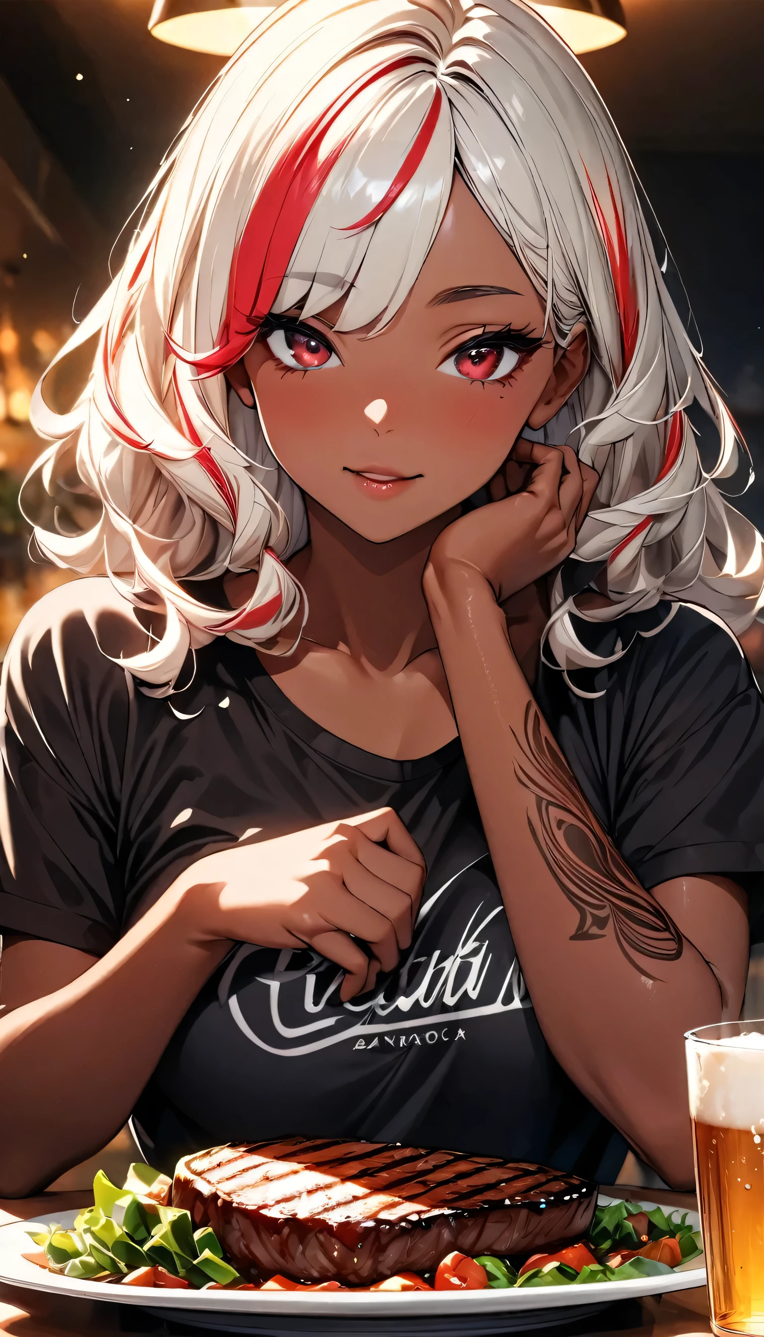 (highest quality:1.2, Very detailed, up to date, Vibrant, Ultra-high resolution, High Contrast, masterpiece:1.2, highest quality, Best aesthetics), Portraiture、girl、singer, solo, ((25-years-old:1)), Bright colors, Beautiful fine details、Beautiful lip detail、medium wave hair、red and white ((streaked hair:1.6)), highlights hair: 1.5, red eyes, slim body, medium breast, (tan skin:1.1), (Floral Fineline tattoo design on left arm:1), black t-shirts, holding mug of beer, (eat thick steak with knife and folk:1), siting in table, steak dinner, salad, steak house, (upper body),