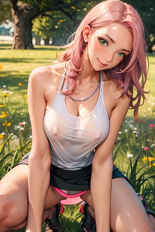 Best Picture, Masterpiece, 4K, High Quality, One Adult
Woman. The woman has pink hair. Her hair is bobbed, wavy. Long slit eyes, green eyes,
Model like beauty, perfect proportions. Perfect legs. Perfect arms. Tank top and tight mini skirt. High heels. 

She has a blush on her cheeks and a mischievous smile on her face.

Even over clothing, one can see the large, full breasts and erect nipples.
A woman is on all fours in a grassy field. A large dog is holding the woman from behind, on her back.)))A complete body. Perfect hands and legs. Beautiful body, beautiful legs. Beautiful hands. Perfect body, perfect legs. Perfect hands.
The woman's breasts are full and her nipples are standing up, even over her clothes.
The woman has a blush on her cheeks and an embarrassed look on her face.


(The skirt is so short.)A woman is on all fours in a grassy meadow. A large dog is clinging to the woman's back.))A complete body. Perfect hands and legs. Beautiful body, beautiful legs. Beautiful hands. Perfect body, perfect legs. Perfect hands.
You can see, even through the clothing, that the woman's large, full breasts and nipples are standing up. Sweat is beading.
The woman's cheeks are flushed and she looks embarrassed.


（The skirt is very short.

