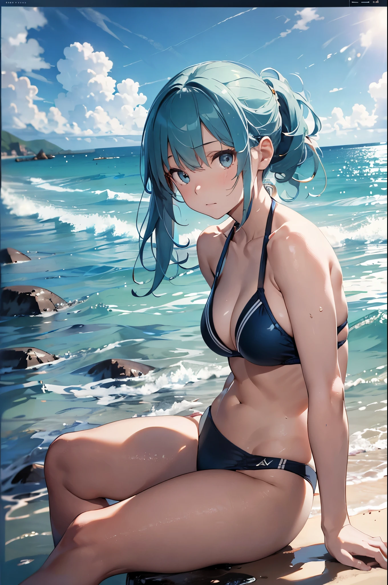 High resolution,topless、
One beautiful young woman,Light blue hair、ponytail、
(Soft Saturation:1.3), (Fair skin:1.2),
(ultra-Detailed Background, Detailed Background), Bokeh,
break'Portrait of a smiling girl.,
When viewed from the front, The composition is symmetrical,
Looking straight at you with serious eyes,
break Swimwear, White Bikini, Center of chest,
Outdoor, Sea surface, null, sunlight,Summer beach, Sandy Beach,
Strong light, Front lighting,
(Teen:1.3), (Cowboy Shot:1.2),
Front brake angle,
View your viewers,
Dynamic pose,
sitting on the beach
Seaweed、Seaweed、Seaweed、Seaweed、Seaweed、Seaweed、Seaweed、