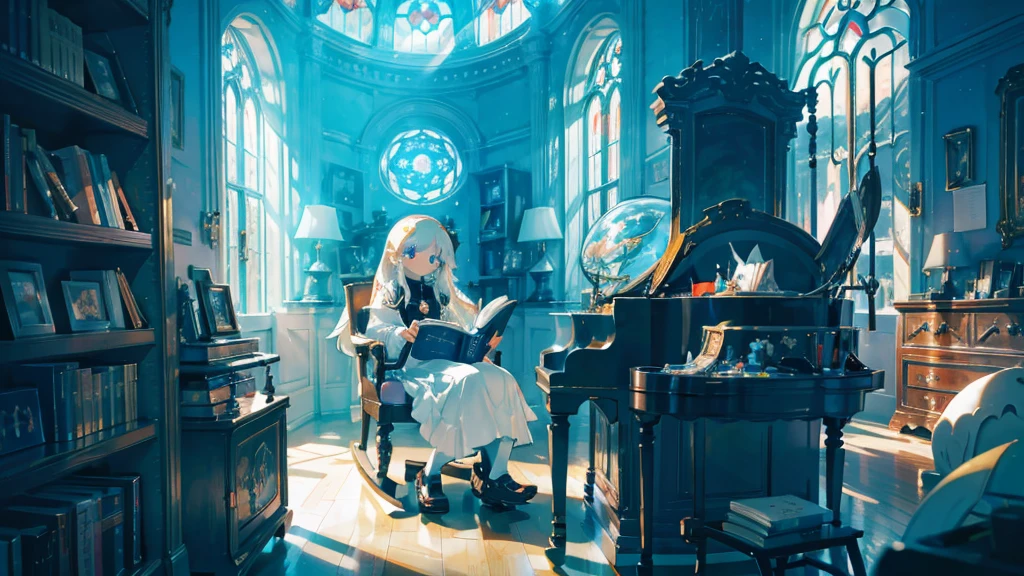 (The pieces fly), (Highest quality), Very detailed, 1 girl, Solo full body shot, Perfect Face, beautiful girl, Very detailed顔，(Long white hair:1.5)，(blue eyes:1.4)，universe、Glass Dome、Large dome、indoor、Light、[beautiful detailed lighting][soft lighting][cinematic lighting][light particles][colorful refraction][light diffusion][light-filled room]、Fantasy、Rocking Chair、reading、View Book、