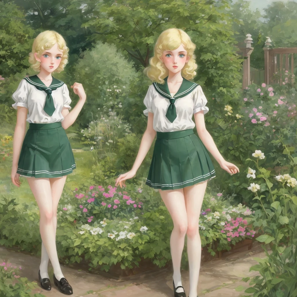 3 girls, long hair, Big , Blushing, blond, Green-eyed sailor suit short skirt 1933 style cute and beautiful girl 18 years old in the garden beautiful long legs high resolution, best quality, masterpiece, Lift skirt