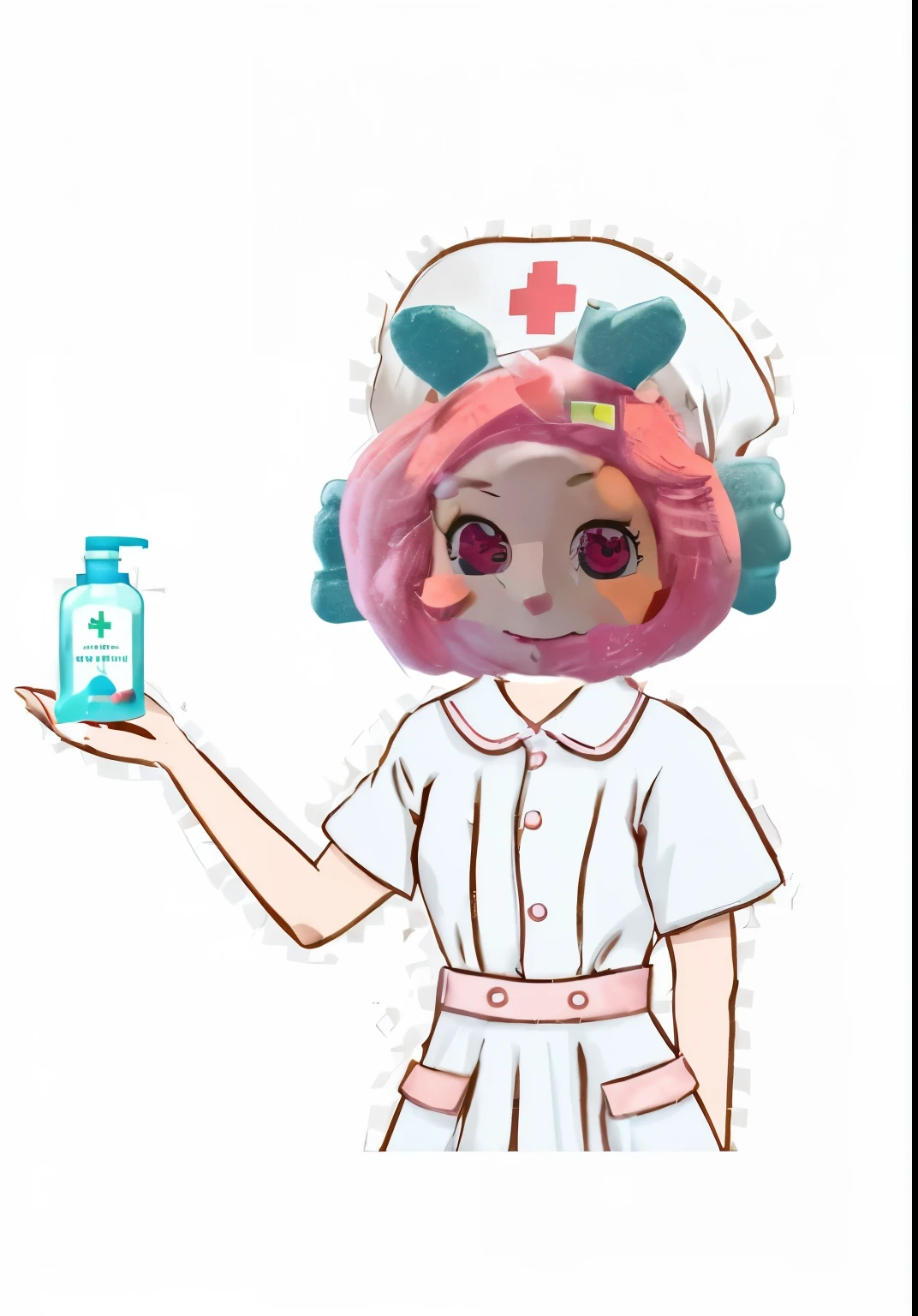Mascot Design Details:
1. Head: The head should have a cute cartoon-like appearance with a round face. Large, bright eyes and a friendly expression are key. Incorporate hand elements, such as nurse gloves used as ears or as part of the head, to symbolize hand hygiene.
2. Body: The mascot wears a female nurse uniform in pastel colors like light blue or white, with soft pink accents on the skirt, sleeve cuffs, and hat. The nurse hat has a red cross symbol on it.
3. Hands: One hand of the mascot is holding a hand sanitizer bottle. The bottle should be brightly colored, possibly with a pink or blue label, matching the overall color theme of the mascot.
4. Color Scheme: Use pastel colors such as pink, blue, and white to create a bright, cute, and friendly appearance that appeals to all ages.