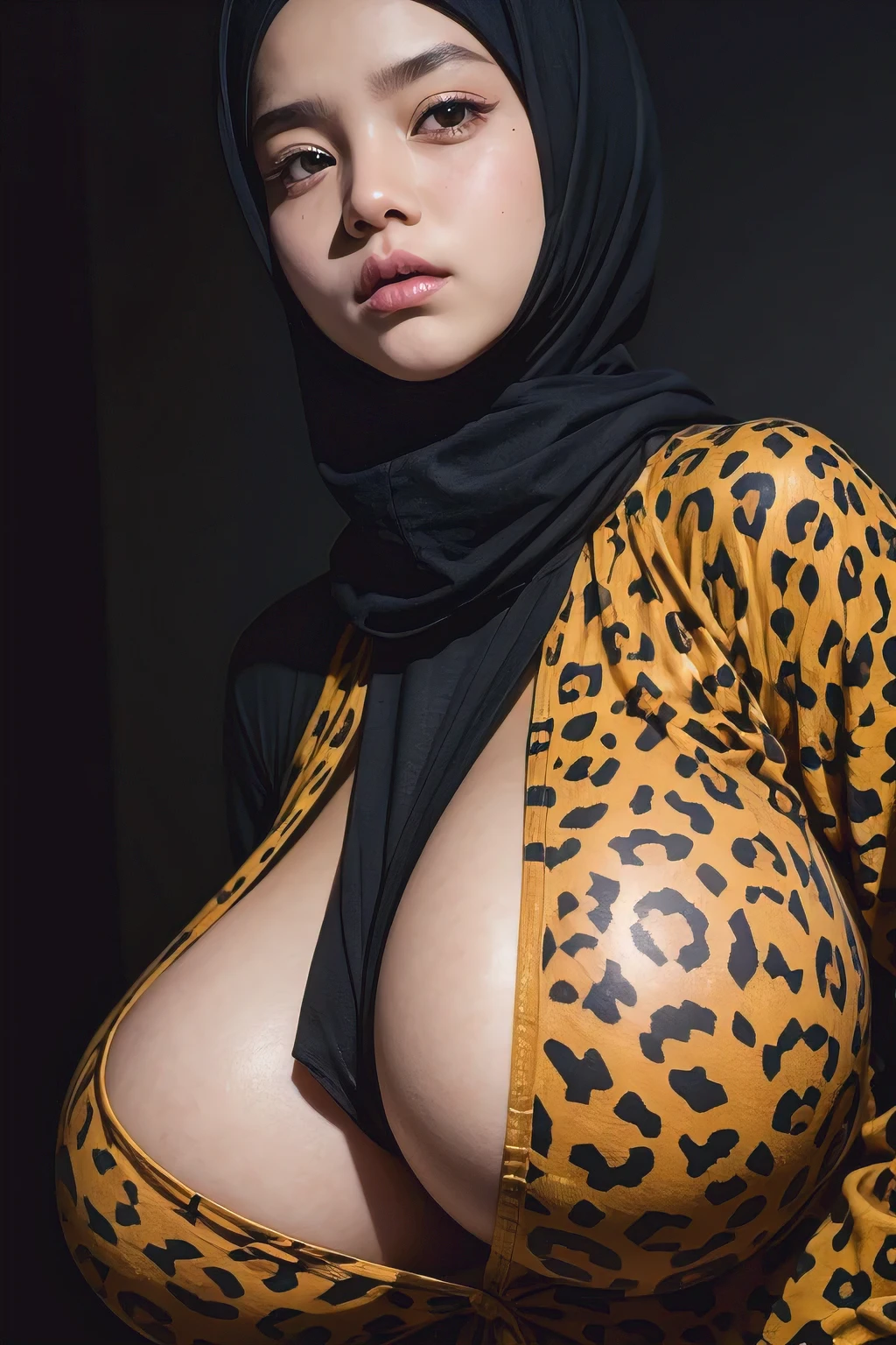 Jumbo (Singlet), Chubby adorable, 1 girl, (face to face), , baby face, a face expression, half body portrait, (face details: 1), (eye details: 1), ((big breasts)). wearing transparent transparency soft long shirt, hijab, .. Cute posed. proportional body. Ultra High Res. realistic: 1.4, UHD, ((leopard pattern)), ((Bigger:2.3)), (((DARK BACKGROUND)))