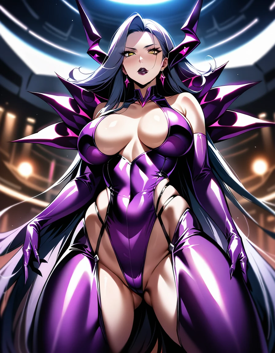 A futuristic invasion unfolds: Close Encounters of the First Kind. A fleet of femdom aliens, breathtakingly beautiful and ruthlessly evil MILFs, descends upon Earth. Their imposing, translucent energy-coated bondage suits cling to their curvaceous forms, while their expressionless faces exude an air of calculated menace. The scene: a stunning alien steps onto the earthbound with calculated cruelty, her stiletto heel crushing the life out of a helpless human., (nsfw, A bewitching 35-year-old evil alien, 1mature woman, solo, sexy MILF, evil femme fatale, stunning beauty, full lips, dark lipstick, glaring at us),((perfect anatomy, ideal facial features, ideally proportioned figure, perfectly beautiful body, super detailed skin, glossy skin, masterpiece, Incredibly absurd resolution, absolute resolution, super high resolution, shallow depth of field, highly detailed, high budget, raw photo, CinemaScope, epic, gorgeous, 16k)),