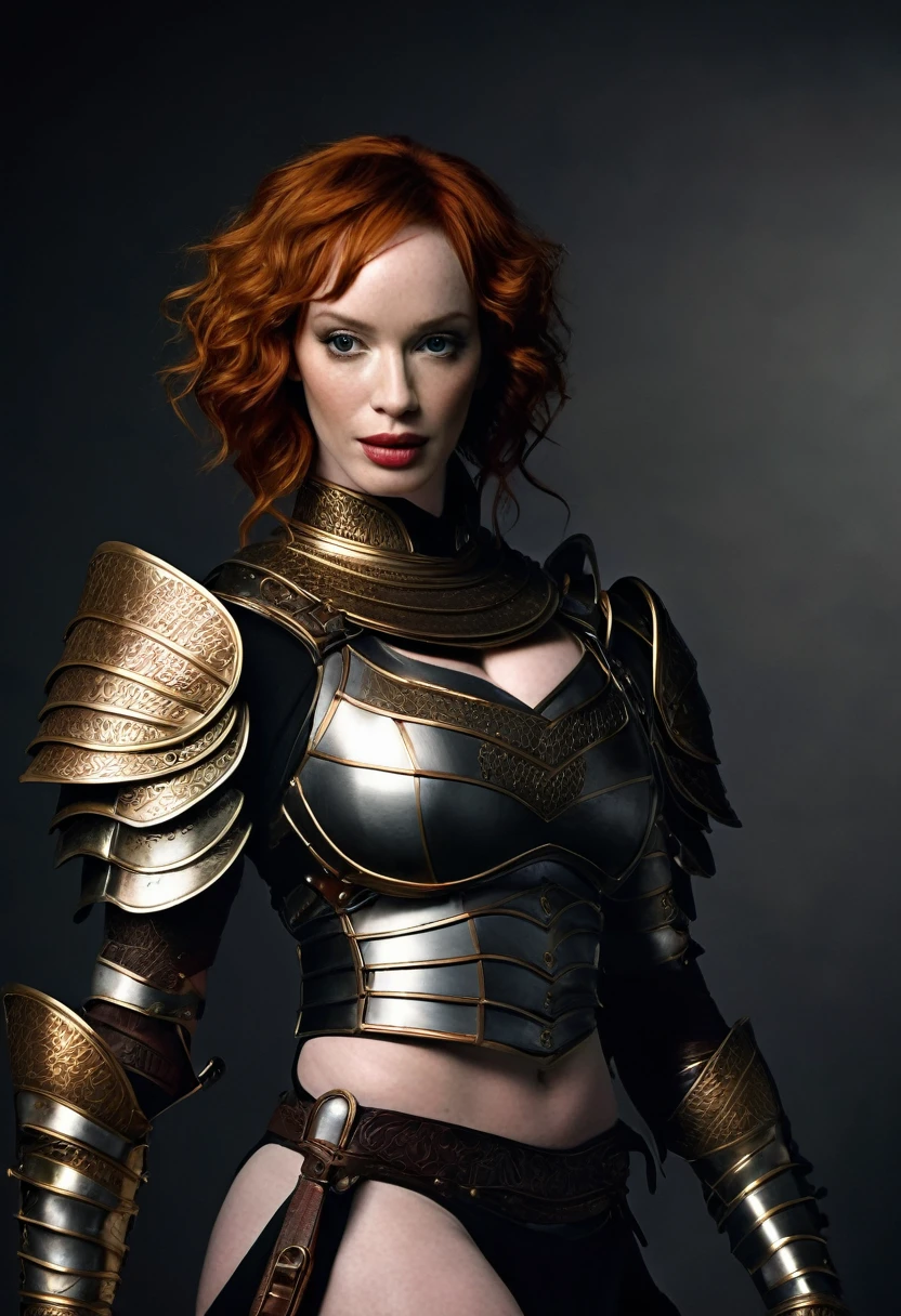 "erotic high quality close-up  photograph of Christina Hendricks  as a powerful warrior woman, dark and atmospheric setting, confrontational and strong pose, looking at viewer, minimal striking armor, dark metallic, angular shoulder armor, minimal cloth, intricate forearm and leg guards, curvy toned fit physique, dark skin, practical hairstyle, holding a close-combat staff, dark background, sandy ground, dramatic high-contrast lighting, detailed armor, shadows enhancing form, realistic with fantasy style"
