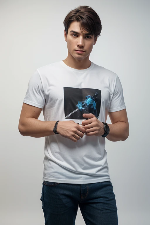Create an ultra-realistic image of a 25-year-old man standing and talking about gaming for TikTok. Include the following details:
- Hair: short and styled, jet black with a slight wave
- Eyes: blue, expressive, focused directly on the viewer
- Skin: fair complexion, with a slight stubble for a casual look
- Expression: enthusiastic and animated, as if explaining a gaming strategy
- Clothing: casual T-shirt with a popular gaming logo, and comfortable jeans
- Accessories: a smart watch on his wrist
- Background: completely transparent or solid color (like white or black) with no additional elements to create a clean and unobtrusive background
- Lighting: soft, even lighting to highlight facial features and clothing details
- Style: hyper-realistic with attention to detail in facial features, clothing texture, and overall presentation