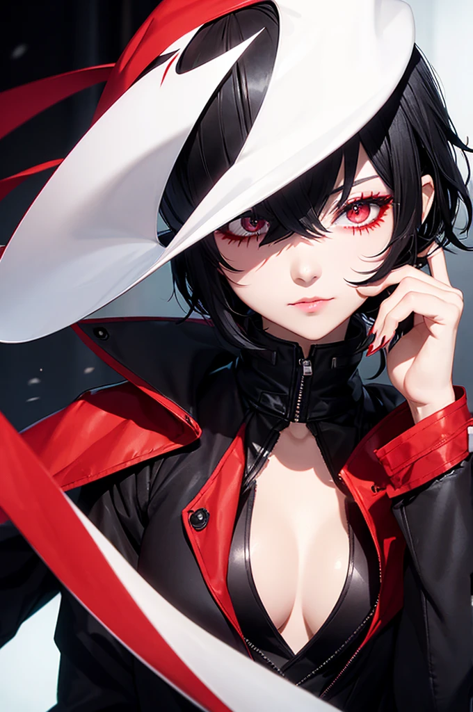 Short black hair、One-eyed、Long bangs、Red Mesh、Dark Eyes、phantom thief joker、Crossdresser、Long eyelashes、cute、cool、No exposure、neutral、Black Coat