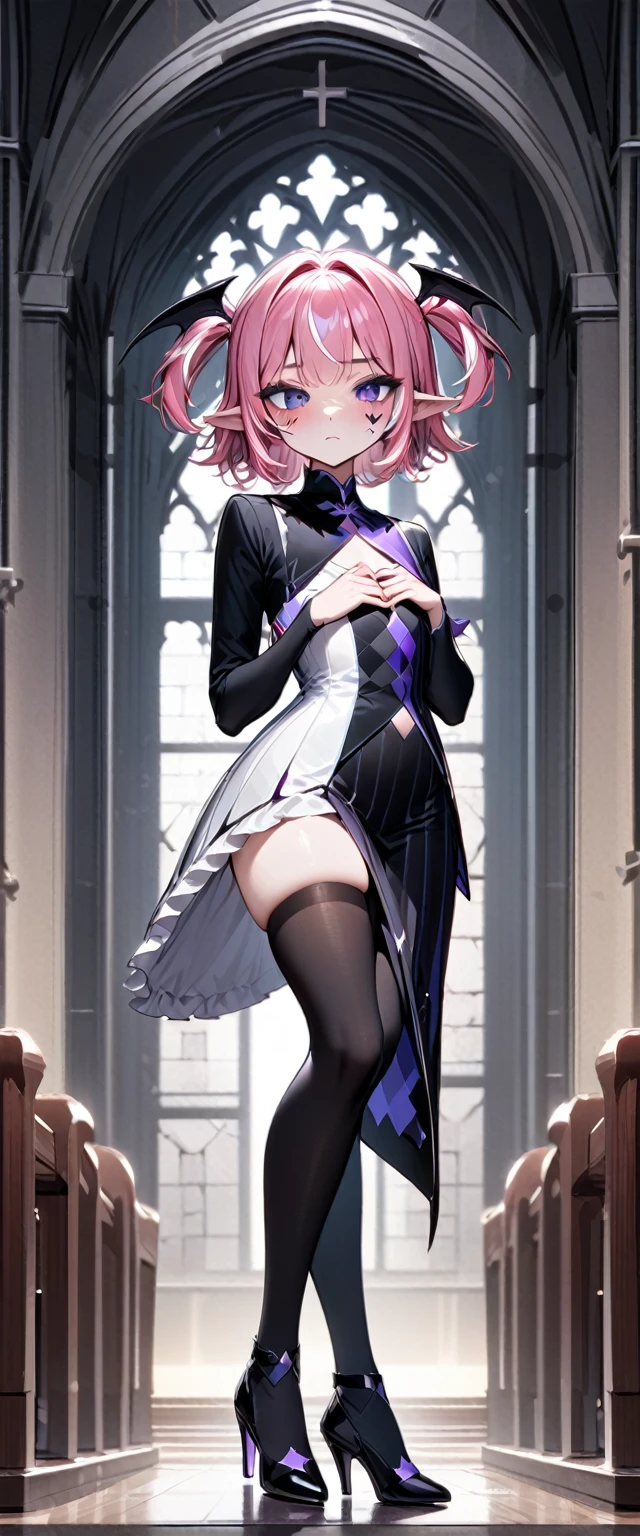 UHD, masterpiece, best quality, extremely detailed, anatomically correct, sharp focus, Midnight, Church , altar isle, 1girl, solo, camilavtuber, pink hair, short hair, shoulder length hair, black head wings, twin tail hair, purple eyes, facial mark, slim arms, small chest, single back wing, black jacket, long skirt, black thighhighs, black high heels, full body shot, close up, innocent pose, Eye-Level Shot, front view, innocent pose