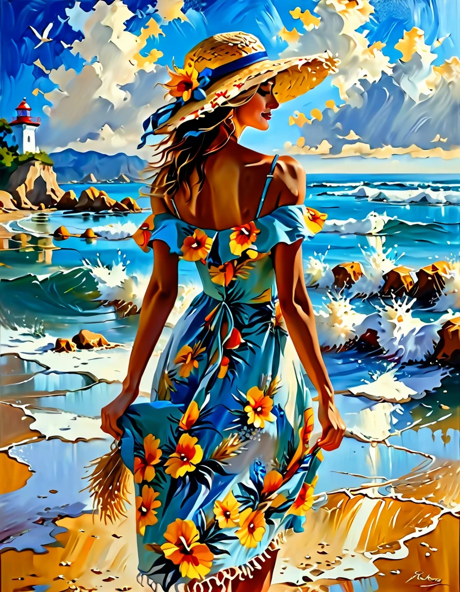 High quality, high resolution, best composition, one beautiful woman,painting of a woman in a dress and hat walking on the beach, beautiful painting, with straw hat, a beautiful painting, beautiful artwork, beautiful oil painting, painting of beautiful, sundress, girl on the beach, in style of steve henderson, gorgeous painting, stunning painting, dmitry spiros, beautiful oil painting on canvas, detailed 4 k oil painting, at the sea