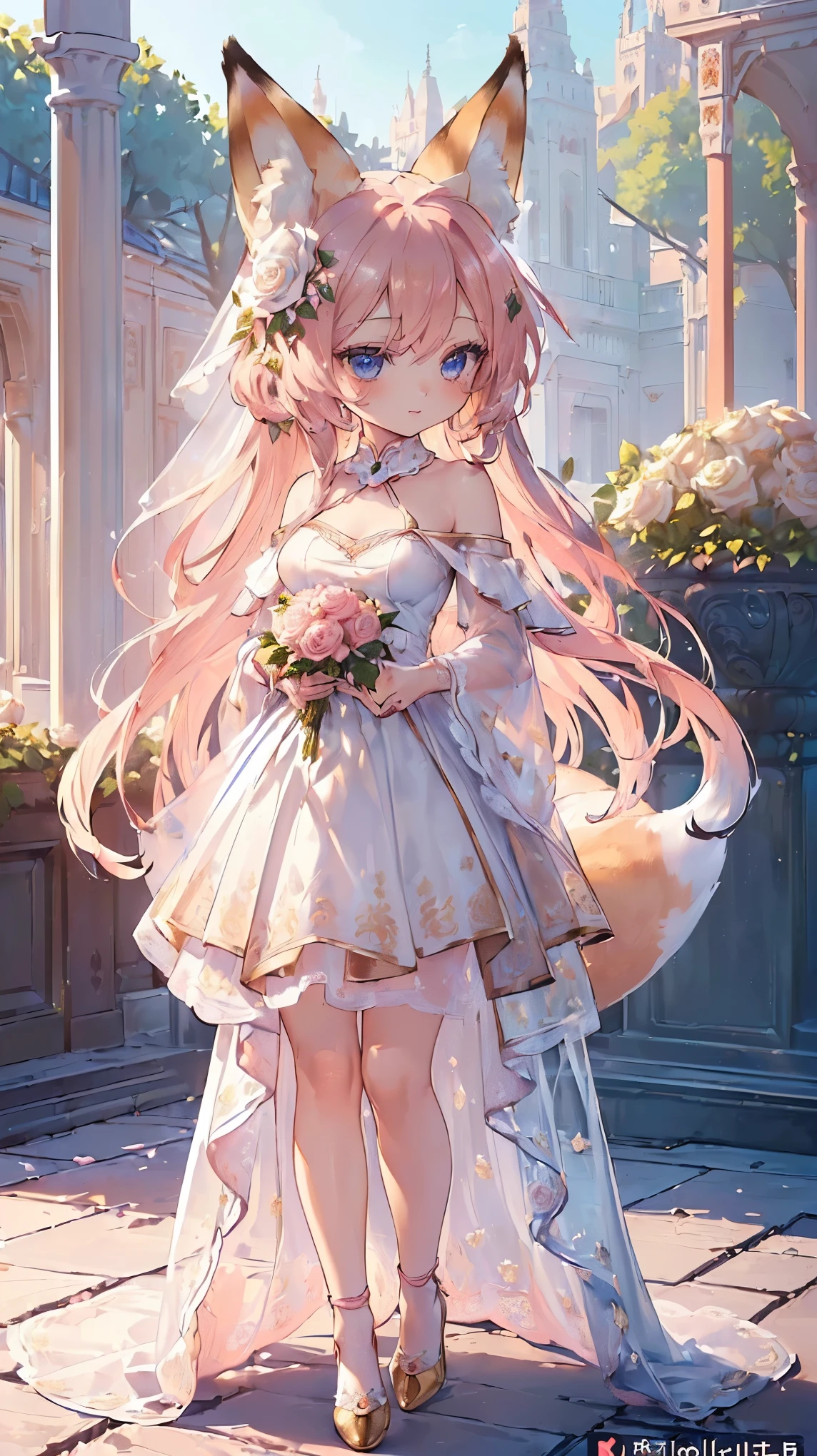 (((masterpiece))), (((Highest quality))), ((Very detailed)), ((Ultra-fine illustrations)), ((Ultra-fine painting)), (16K Highest qualityの壁紙:1.4), (Little:2.0), (whole body:1.6), (Very detailed and delicate illustration style:1.8), Detailed skin texture, Detailed cloth texture, Detailed rose flower texture, Very detailed説明, (Very detailed face:1.4), (Very detailed beautiful Fox ears:1.2), (Very detailed beautiful golden-brown long-hair:1.2), (Very detailed, Beautiful clear blue eyes:1.2), original, RAW Photos, Professional, Intricate details, Super Details, Direct sunlight:1.6, (Perfect Anatomy:1.4), (Very detailed hands:1.2), (Very detailed fingers:1.2), (Very detailed fingertips:1.2), (Age 27), Genuine, (alone:1.6), ((very beautiful and attractive (Fox) Female fashion model:1.4)) brake (Beautiful and adorable Fox ears:1.6), (Very detailed and delicate Fox ears:1.4), (Beautiful and well-shaped big breasts:1.2), (Beautiful and shapely butt), (Beautiful shiny golden brown long hair:1.6), (Very detailed and delicate golden-brown long-hair:1.4), (Clear blue eyes that shine beautifully in every detail:1.6), (Very detailed and delicate blue eyes:1.2), (Very detailed face:1.4), (smile:1.4), (View your viewers:1.4), (Are standing:1.4), (celebration:1.4) brake ((celebrationの席で着用するのにぴったりな、A gorgeous off-the-shoulder princess dress with attention to detail.。:1.4)) brake ((Holding a large, intricate and delicate bouquet in both hands ((White and pink roses)):1.4)) brake (After noon:1.4), (celebration:1.4), (((Very detailed and delicate white rose flower and pink rose flower garden background:1.4)), (Very detailed and delicate royal palace courtyard background in just after noon in spring:1.4)) brake