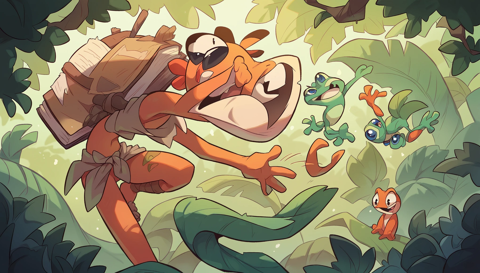 a singing frog, is looking at the book and singning, in the jungle,
