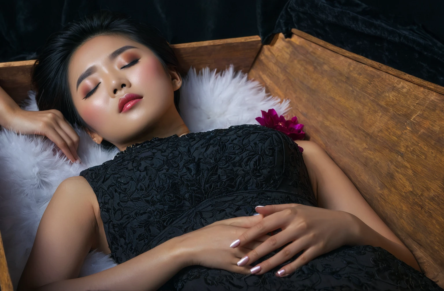 In a striking 8K HDR scene, a stunning Korean woman, 22 years old, lies peacefully in a coffin and coffin cover surrounded by plush pillows behind head. The deep box is set against a rich black background, accentuating the beauty of the subject. Her exquisite deep-V neckline kebaya attire is embroidered with superb detail, showcasing her round and firm breasts, perfect cleavage, and beautiful eyebrows. Her closed eyes and mouth give an air of serenity, while her visible and absolute cleavage leave nothing to imagination. The scene is bathed in saturated colors, highlighting every intricate aspect from the ball skirt to her clean face, straight body, detailed hand perfect hands, straight body, own hands together, own hand on stomach, detailed hands, perfect hands, holding the flowers.