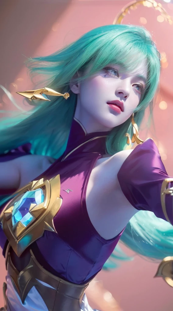 a close up portrait of a beautiful girl with long green hair, pale skin, purple outfit, (best quality,4k,8k,highres,masterpiece:1.2),ultra-detailed,realistic,photorealistic,photo-realistic:1.37,HDR,UHD,studio lighting,ultra-fine painting,sharp focus,physically-based rendering,extreme detail description,professional,vivid colors,bokeh,knights of zodiac,beautiful detailed eyes,beautiful detailed lips,extremely detailed eyes and face,longeyelashes,elegant,serene,intricate,fine art