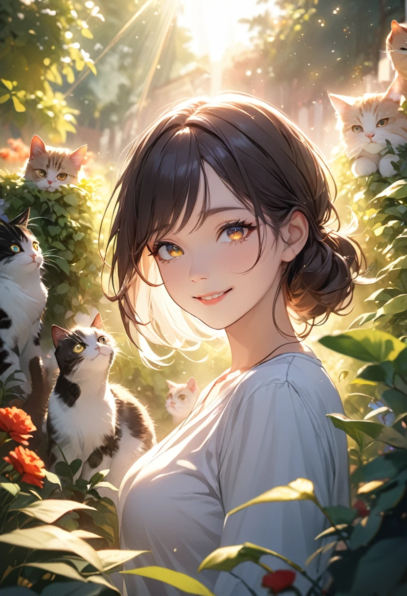 (masterpiece:1.5),(Beat quality),(high res),1girl solo,beautiful face,smile(shining eyes),upper body,light effects,Plainclothes woman,garden,Lots of cats