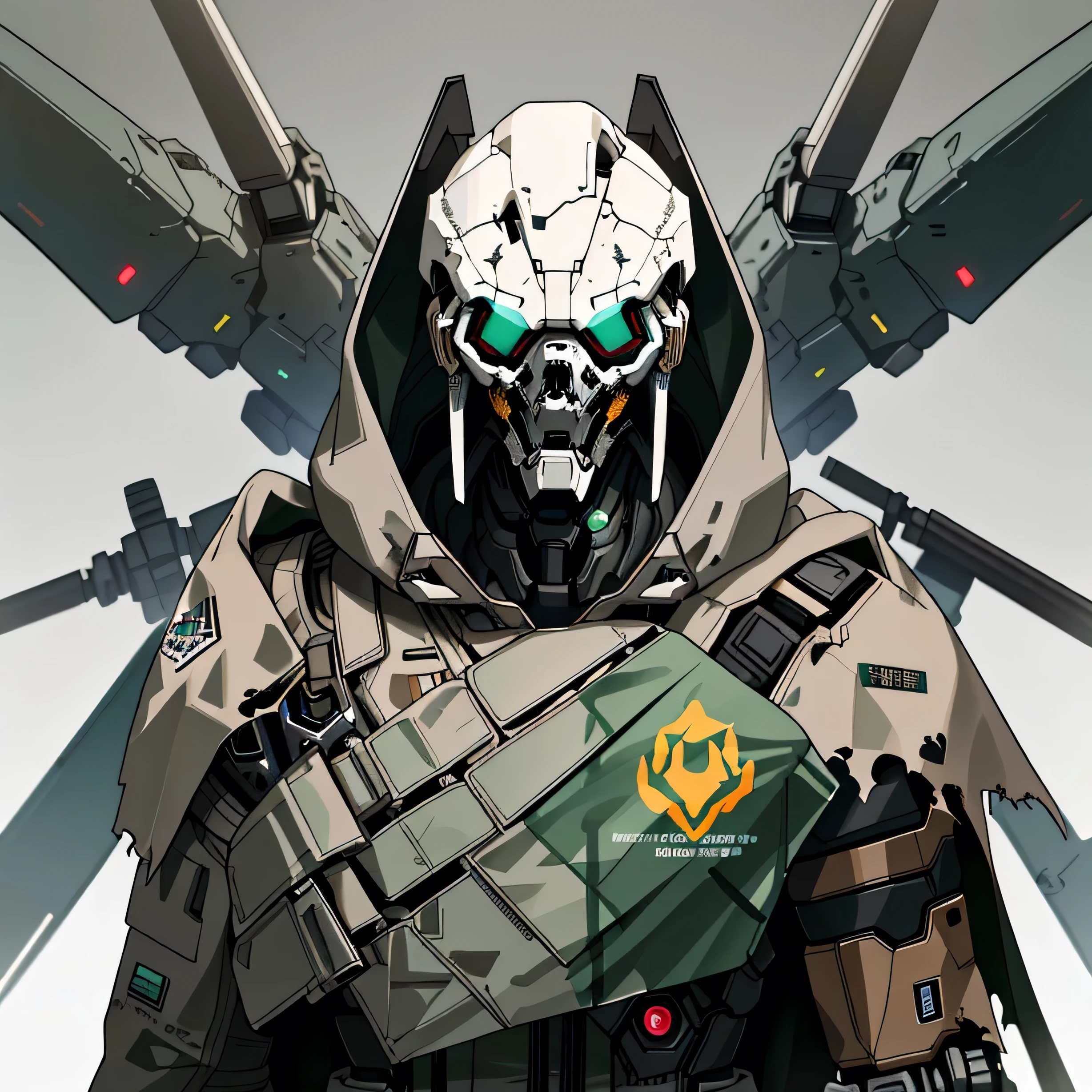 (humanoid head 1.5), With front and back view, Bust of a humanoid mech,({His outfit is a coat with a huge hood in the color of brown, old, torn and pierced 1.5}), ({His head has a humanoid shape, like a robot human face}), in gray color, head with two lenses, wearing a green-colored plaid fabric coat and aged and torn, wearing a fabric hood. With transparent background, no bottom. apocalypse, Dirty with dust. (just a humanoid face like an Exo from Destiny 1.5), ({all his bodywork is tangled, worn and with bullet dent mark 1.5})
