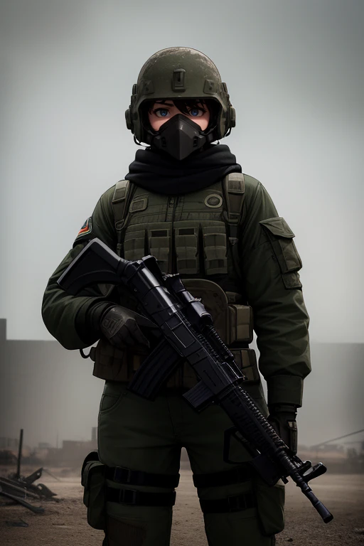 Girl in special forces gear, face covered by tactical helmet, holding assault rifle, post-apocalyptic wasteland background, realistic, highly detailed, cinematic lighting, dramatic composition, gritty, muted color palette, moody atmosphere, anime visualisation