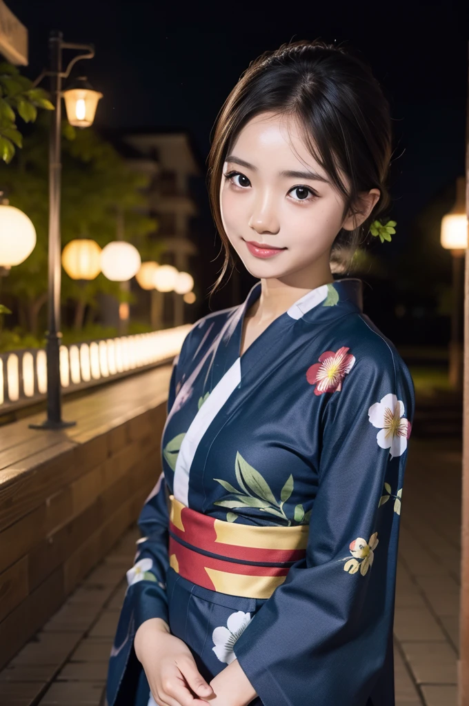 (firework), (upper body:1.5), Girl Standing In Schoolyard, Cumulonimbus clouds floating in the night sky, (Summer Yukata:1.1), (18 years old:1.2), (make up:1.3), (Very slim:1.4), Brown eyes
