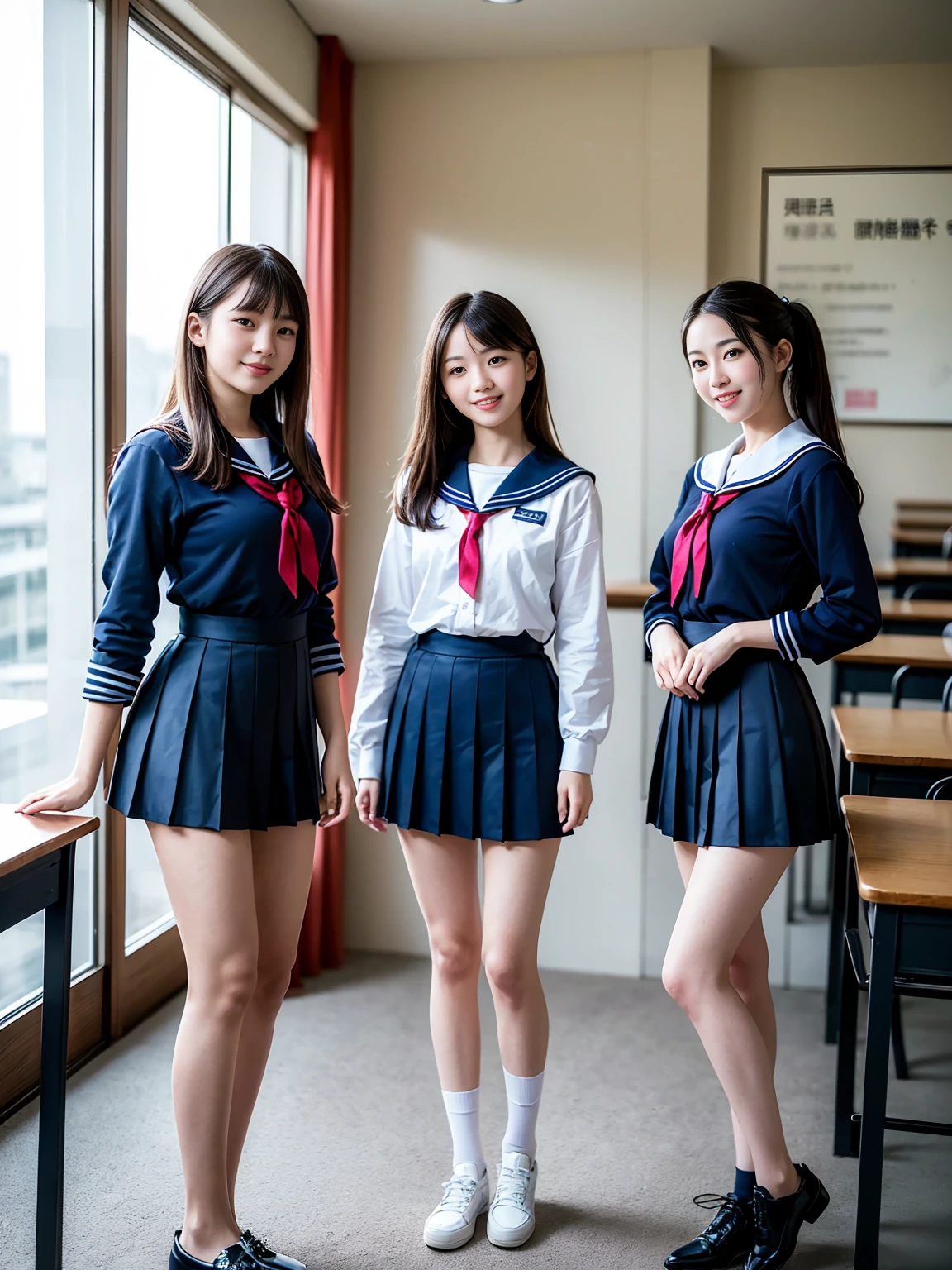 (Highest quality, masterpiece, Photorealistic, Super detailed, Ultra-high resolution, born:1.3), (Three Girls:1.3), beautiful, 日本人の女子高born, 16 years old, In the classroom, Sailor suit,Navy blue high waist pleated mini skirt, (smile), (bangs), (Long legs, whole body:1.2),  (Standing side by side)