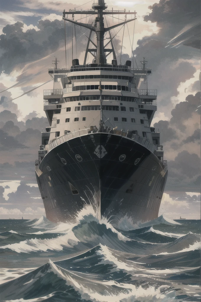 Ultra-realistic, masterpiece profile shot of a cargo ship battling the tumultuous sea. A commanding presence against the vast expanse of water, every detail meticulously captured in high definition. The ship's intricate features, from the stacked containers on deck to the Lifeboats and anchors, stand out against the raw power of the waves. The hull of the ship, battered by the relentless onslaught, is etched with a complex interplay of light and shadow. Salt spray (1.0) coats the deck and funnel, adding a gritty texture to the image. The sun beats down, casting long, dramatic shadows (1.3) on