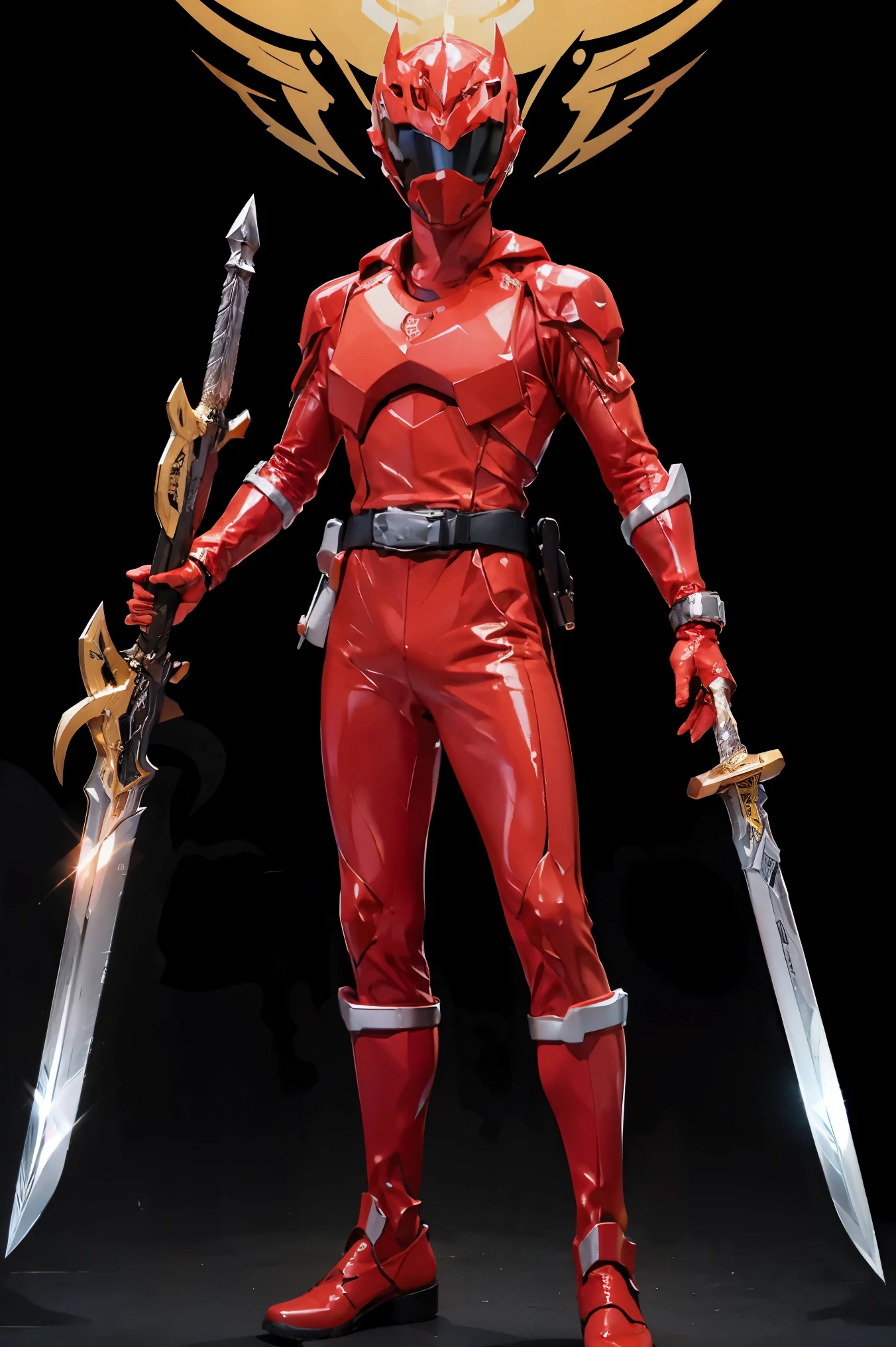 1boy, white, full body, Illustration, cinematic light, high resolution, best quality, ultra-detailed, masterpiece, power suit, powerranger, suit, spd, (golden ranger suit), gold detail, (((perfect golden sword with aura))),