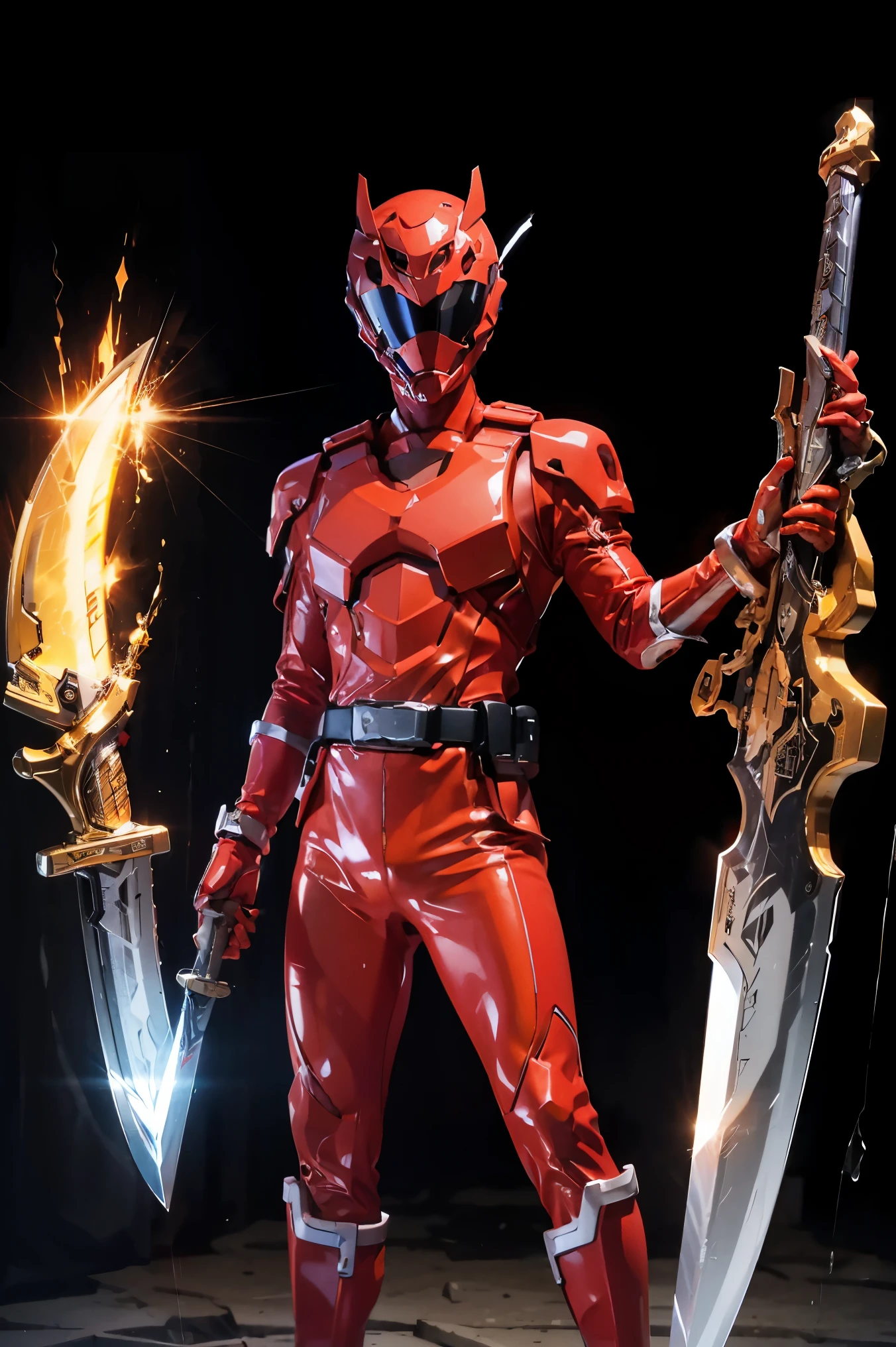 1boy, white, full body, Illustration, cinematic light, high resolution, best quality, ultra-detailed, masterpiece, power suit, powerranger, suit, spd, (golden ranger suit), gold detail, (((perfect golden sword with aura))),