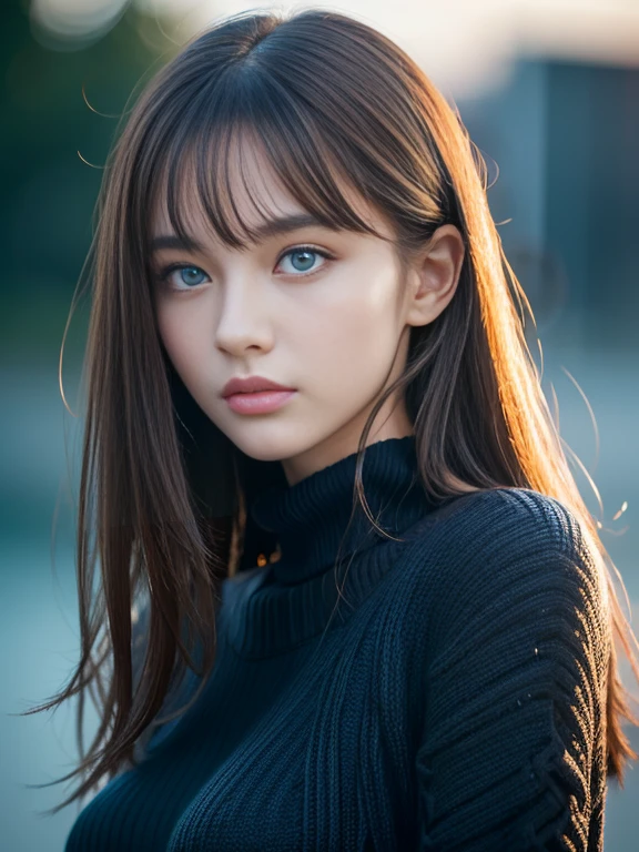 masterpiece, best quality, ultra-detailed, intricately detailed hyperdetailed, realistic, sharp features, highly detailed, sharp focus, 19 years old, (Japanese sophisticated model), perfect face, perfect and delicate Blue eyes, perfect full lips, flexible female form, cinematic, hyper detailed, hyper realistic, high resolution, vibrant, dark fantasy, ((deep Blue hour)), light brown hair, messy hair, small breasts, Black sweater, portrait, head shot,