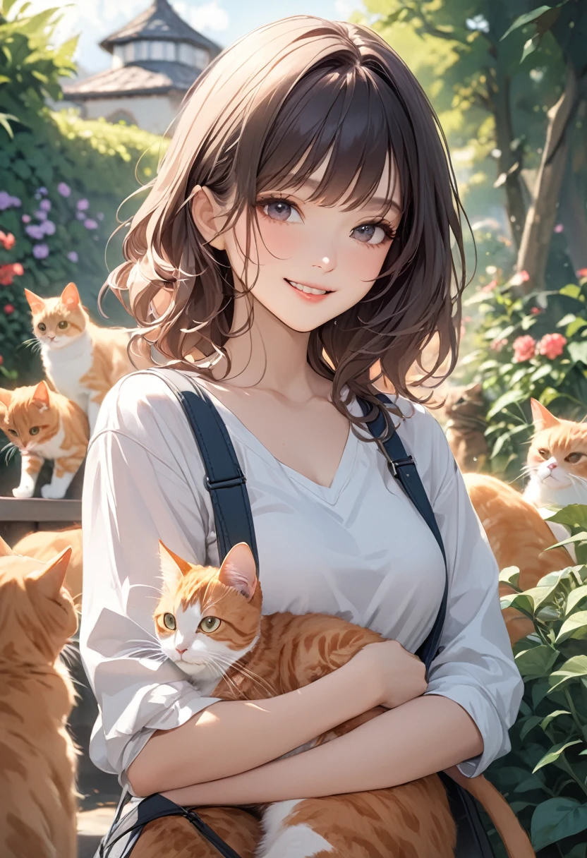 (masterpiece:1.5),(Beat quality),(high res),1girl solo,beautiful face,smile,upper body,Plainclothes woman,garden,Lots of cats