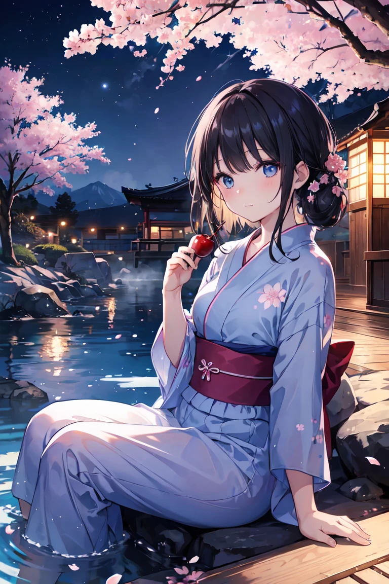 A woman relaxing in a hot spring,Black Hair、blue eyes、２０generation,Looking up at the moon、cherry blossoms、cherry blossoms blizzard、Satisfied face,yukata,Beautiful light of inspiration,Elegant water flow,Calm atmosphere,Quiet and calm background、