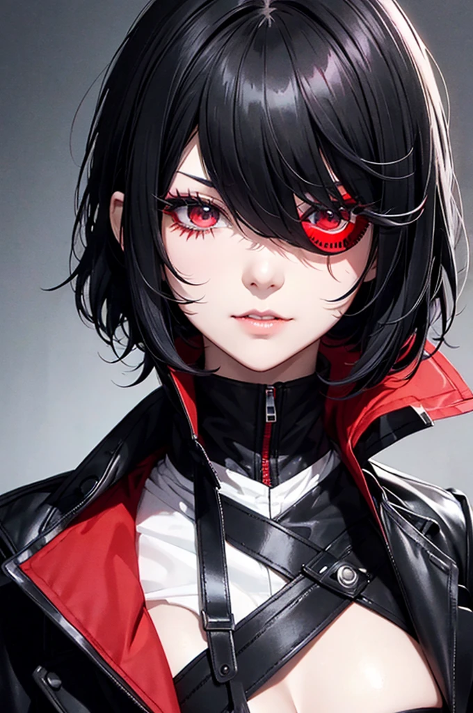 Short black hair、One-eyed、Long bangs、Red Mesh、Dark Eyes、phantom thief joker、Crossdresser、Long eyelashes、cute、cool、No exposure、neutral、Black Coat