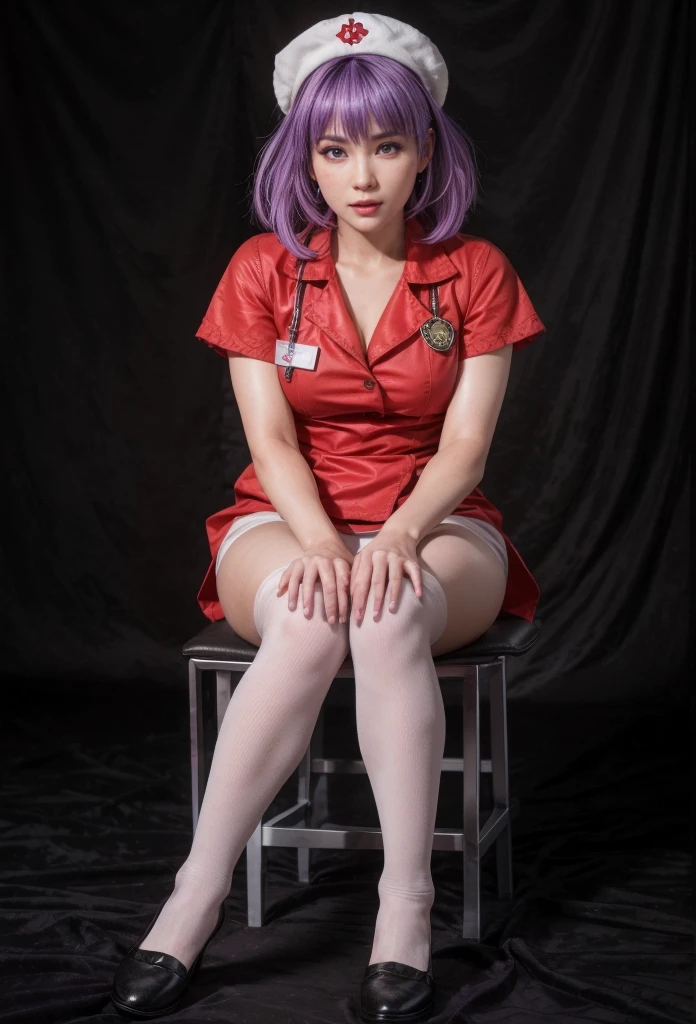 Ayane, purple hair, red eyes, (best quality, ultra-detailed), (realistic:1.37), beautiful and detailed face, ultra-realistic texture, delicate face, delicate body, red lipstick, long-lasting colors. high definition, 8K. expression with a sexy look