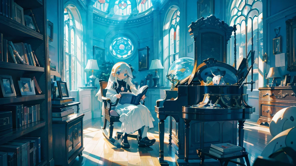 (The pieces fly), (Highest quality), Very detailed, 1 girl, Solo full body shot, Perfect Face, beautiful girl, Very detailed顔，(Long white hair:1.5)，(blue eyes:1.4)，universe、Glass Dome、Large dome、indoor、Light、[beautiful detailed lighting][soft lighting][cinematic lighting][light particles][colorful refraction][light diffusion][light-filled room]、Fantasy、Rocking Chair、reading、View Book、