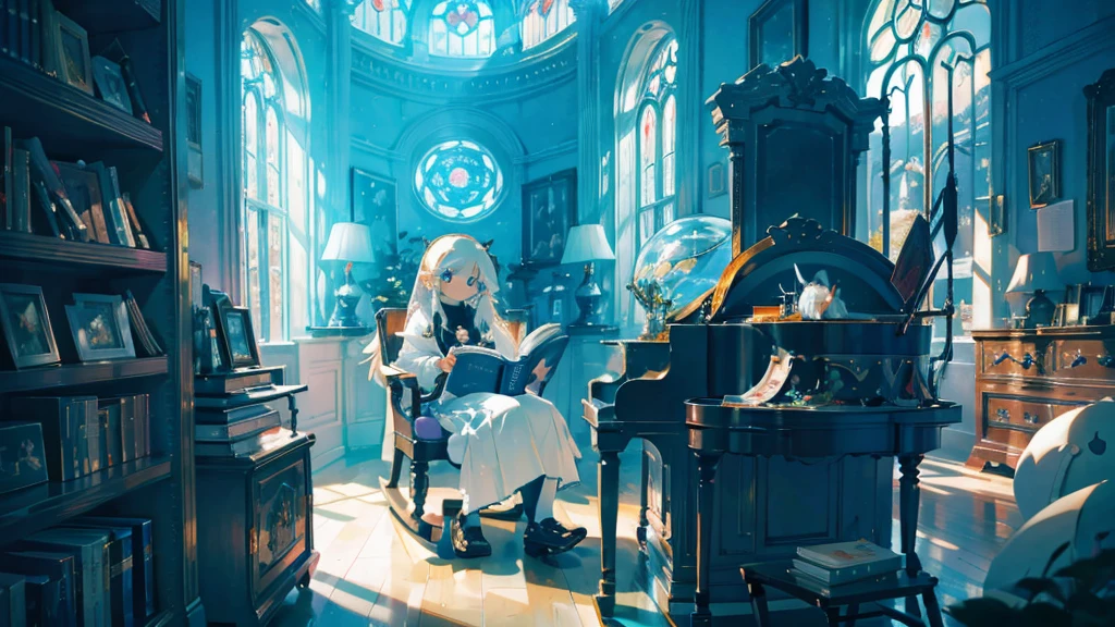 (The pieces fly), (Highest quality), Very detailed, 1 girl, Solo full body shot, Perfect Face, beautiful girl, Very detailed顔，(Long white hair:1.5)，(blue eyes:1.4)，universe、Glass Dome、Large dome、indoor、Light、[beautiful detailed lighting][soft lighting][cinematic lighting][light particles][colorful refraction][light diffusion][light-filled room]、Fantasy、Rocking Chair、reading、View Book、