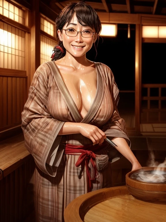 (high quality:1.2,Ultra-realistic) 、Detailed face、Detailed eyes、Beautiful Japanese Woman、22 years old、Black Hair,(Japanese spa),outdoor、Open-air bath,ryokan, BREAK ((wearing Japanese checked pattern yukata,obi)),((one shoulder off)),(((visible nipples,hairy pussy))),((breasts off)),(cleavage),,(Standing in onsen),(steam:1.3),(sweaty:1.3), (Big smile,Happy expression:Pure joy),she has (short twin braids hair with side bangs) and、 (Holding a large beer mug),(blushing:1.5),(drunk face&1.2),(oval Glasses:1.3),(wet skin:1.2),