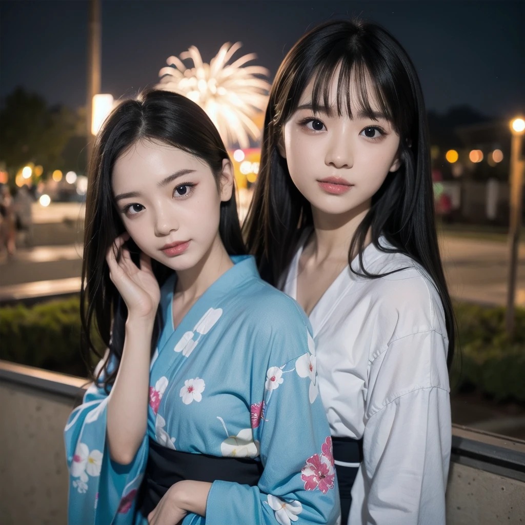 (firework), (upper body:1.5), Girl Standing In Schoolyard, Cumulonimbus clouds floating in the night sky, (Summer Yukata:1.1), (18 years old:1.2), (make up:1.3), (Very slim:1.4), Brown eyes
