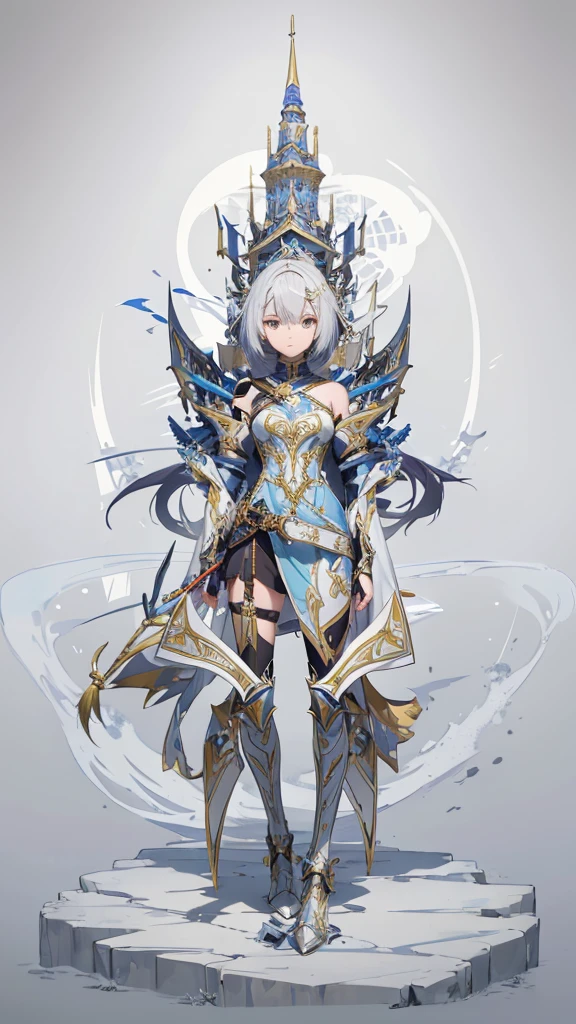 Create a highly detailed anime-style character portrait with a focus on intricate armor and futuristic design elements. The character is a young female warrior with short, silver hair and a serious expression. She is dressed in ornate, colorful armor that combines medieval knight aesthetics with modern, high-tech elements. The armor is adorned with various geometric patterns and vibrant colors, including shades of blue, yellow, and white. Her chestplate and shoulder guards are particularly elaborate, featuring a mix of metallic and synthetic materials.A significant element of her design is the large, stylized structure resembling a tower or spire that extends from her back, giving her an almost regal appearance. This structure is integrated into her armor and adds to the futuristic and otherworldly vibe of her character. She holds a large, stylized weapon—possibly a spear or staff—with a grip that reflects her readiness for battle.The background is minimalistic, with a soft gradient or solid color, allowing the focus to remain entirely on the character. The image is framed in a way that emphasizes her full body, capturing the entirety of her detailed armor and the imposing structure on her back. Additional text or symbols in an unknown language is positioned below the character, enhancing the sense of mystery and fantasy. The overall style is clean, sharp, and meticulously detailed, evoking the aesthetic of high-end anime character design.
