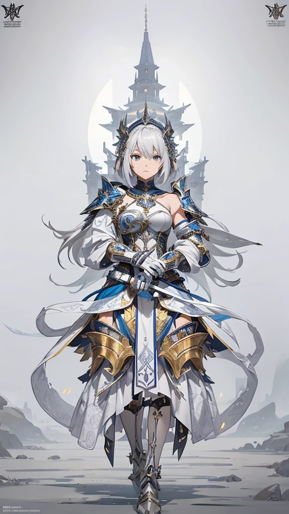 Create a highly detailed anime-style character portrait with a focus on intricate armor and futuristic design elements. The character is a young female warrior with short, silver hair and a serious expression. She is dressed in ornate, colorful armor that combines medieval knight aesthetics with modern, high-tech elements. The armor is adorned with various geometric patterns and vibrant colors, including shades of blue, yellow, and white. Her chestplate and shoulder guards are particularly elaborate, featuring a mix of metallic and synthetic materials.A significant element of her design is the large, stylized structure resembling a tower or spire that extends from her back, giving her an almost regal appearance. This structure is integrated into her armor and adds to the futuristic and otherworldly vibe of her character. She holds a large, stylized weapon—possibly a spear or staff—with a grip that reflects her readiness for battle.The background is minimalistic, with a soft gradient or solid color, allowing the focus to remain entirely on the character. The image is framed in a way that emphasizes her full body, capturing the entirety of her detailed armor and the imposing structure on her back. Additional text or symbols in an unknown language is positioned below the character, enhancing the sense of mystery and fantasy. The overall style is clean, sharp, and meticulously detailed, evoking the aesthetic of high-end anime character design.