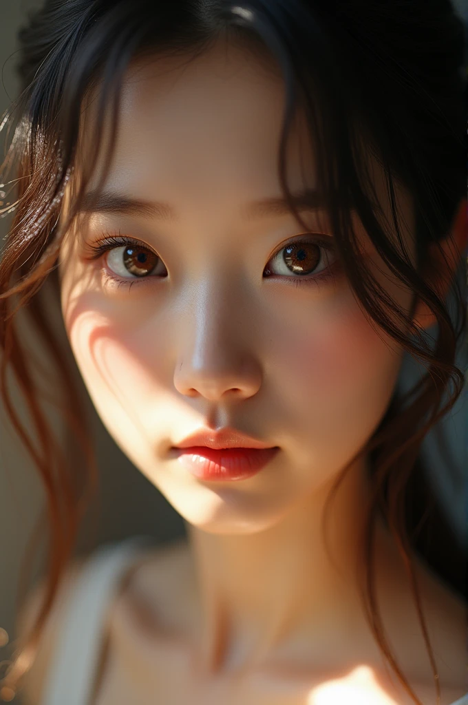 masterpiece、1 beautiful girl、Beautiful brown eyes、Puffy eyes、Highest quality, 超High resolution, (reality: 1.4), Cinema Lighting、(Japanese)、so beautiful、Beautiful Skin、thin、(Looking at the audience)、(Surreal)、(High resolution)、(8k)、(Very detailed)、(Beautiful details)、(Very detailed)、 (wall-)、Detailed face、Bright lighting、Professional Lighting、　Westshot