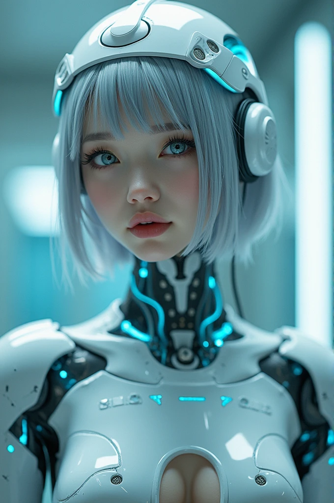 (Highest quality, High resolution, masterpiece:1.2), Very detailed, Realistic:1.37, (Perfect Anatomy),One Girl, Cowboy Shot, Cute and beautiful 21 year old Japanese girl,Standing posture,(blue led eyes),,Beautiful skins, Very cute face,Detailed facial features, Complex Hair, (Headgear with lots of cables:1.3), (A futuristic cyborg body made of milky translucent artificial skin.:1.2),(Detailed electronic circuits inside the body are clearly visible:1.3),(The electronic circuits inside the body light up),(There are a lot of cables in the body:1.2),Attention to detail in costumes,Metal Necklace, Seductive makeup,Silver short hair,cyber punk,Cybernetic,(The background is the inside of a cyborg transformation operating room....).