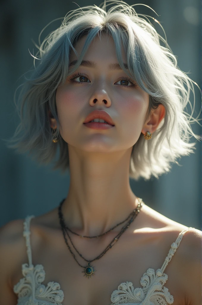 (Surreal) , (Like the picture:1.4),(Increase the resolution), (8k), (Very detailed), (Beautiful and detailed), (Highest quality), (Very detailedな), (masterpiece), (wallpaper), (Detailed face), alone,girl1名, perfect beautiful japanese woman:1.4、Looking at the audience, Subtle details, Detailed face, cloudy, Deep Shadow, A gentle smile,Short Hair Silver Color Mesh,My hair is messy,look up,masterpiece, Highest quality, 8k, Upper Body, Dabo Dabo Hoodie:1.4, break, 18-year-old, Anna_girl, Wavy Hair, Show Viewer, smile, Ultra-realistic photos, Sharp focus, Face Light, Dynamic Lighting, break, Real Skin, Symmetrical, clear eyes,, Sharp pupils, Realistic student,Light background,Camera angle: Low - Angle,Various poses,necklace,Pin on right ear,Attractive face, Mid-chest, bracelet