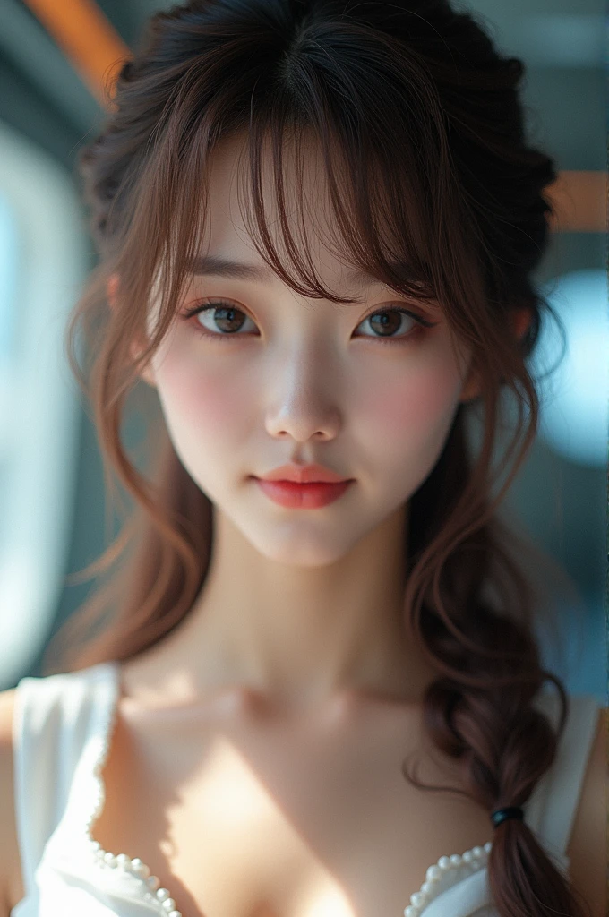 masterpiece、1 beautiful girl、Beautiful Eyes、Puffy eyes、Highest quality, 超High resolution, (reality: 1.4), Cinema Lighting、Japanese、Asian Beauty、Korean、so beautiful、Beautiful Skin、Body facing forward、Face close-up、(Super fanciful)、(High resolution)、(8k)、(Very detailed)、(美しくBeautiful Eyes)、(Very detailed)、 (wall-)、Detailed face、Bright lighting、Professional Lighting、nice smile,Looking at the audience、Look straight ahead、Diagonal bangs、Nogizaka Idol、Korean Idols、(masterpiece, Highest quality, High resolution, 32K), Bianca_Dragon Quest 5, woman, (Brown Hair:1.1, long Brown Hair, Braid:1.1, White Dress, Black long boots:1.1, Huge breasts:1.55, Perfect slim body:1.2), (Futuristic spaceship cockpit, Bright atmosphere:1.2), Grand and fantastical, ((Neutral Color)), (Calm colors:1.2), Very detailed, (Art Station:1.5), Cinematic, Warm Light, Dramatic Light, (Intricate details:1.1), (Natural skin texture, Soft Light, sharp:1.2), (Detailed face, Ultra-dense skin),