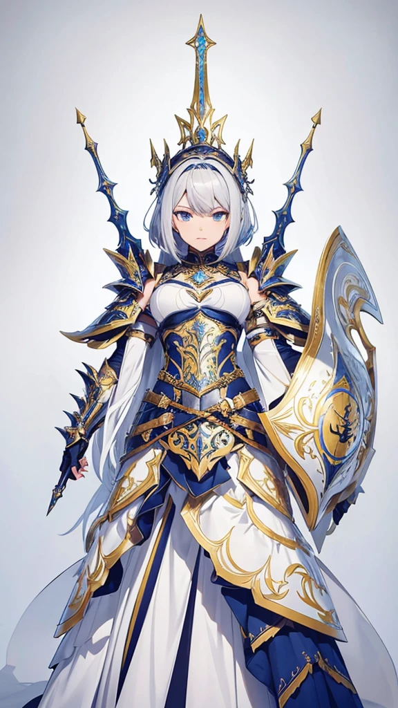 Create a highly detailed anime-style character portrait with a focus on intricate armor and futuristic design elements. The character is a young female warrior with short, silver hair and a serious expression. She is dressed in ornate, colorful armor that combines medieval knight aesthetics with modern, high-tech elements. The armor is adorned with various geometric patterns and vibrant colors, including shades of blue, yellow, and white. Her chestplate and shoulder guards are particularly elaborate, featuring a mix of metallic and synthetic materials.A significant element of her design is the large, stylized structure resembling a tower or spire that extends from her back, giving her an almost regal appearance. This structure is integrated into her armor and adds to the futuristic and otherworldly vibe of her character. She holds a large, stylized weapon—possibly a spear or staff—with a grip that reflects her readiness for battle.The background is minimalistic, with a soft gradient or solid color, allowing the focus to remain entirely on the character. The image is framed in a way that emphasizes her full body, capturing the entirety of her detailed armor and the imposing structure on her back. Additional text or symbols in an unknown language is positioned below the character, enhancing the sense of mystery and fantasy. The overall style is clean, sharp, and meticulously detailed, evoking the aesthetic of high-end anime character design.