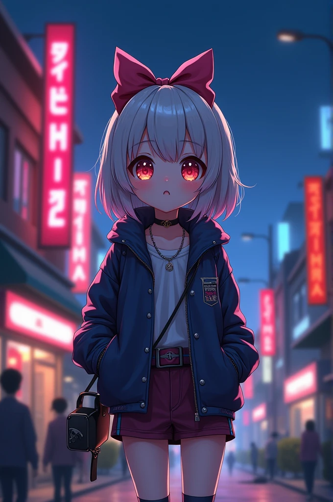 Anime 2D Rendering,One woman/(cute,cute,,short hair,Hair Bow,Eye color is cosmic,Big eyes,Noise々In a nice town,From below,Pale skin,Extremely white skin,Shiny body,Punk rock costumes\),background\(Neon Light,outside,night,Cat\),(From below:1.5),(Ground level shot:1.5),(真From below:1.5)